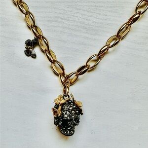 Betesy Johnson Gold & Black Skull Necklace Rhinestones Hematite Butterflies NEW